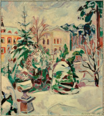 Snowy Park with Houses by Oskar Moll